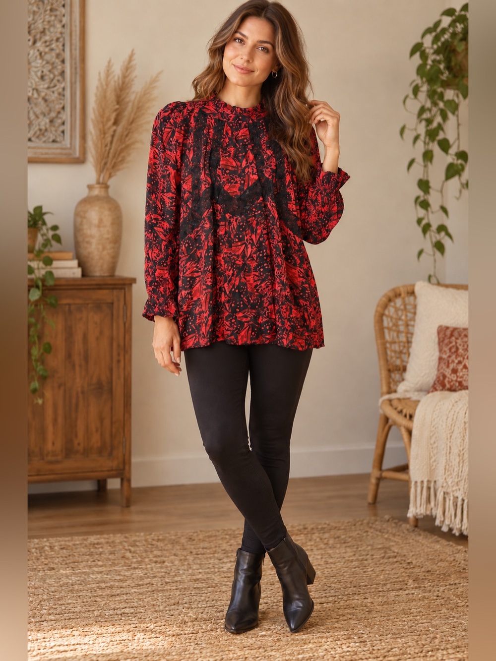 Bhanuni by Jyoti Red Black Butterfly Print Lace Tunic Blouse Small